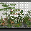 Decorative Indoor Landscape With Various Green Plants Deer Figurines Stones And Grid Wall