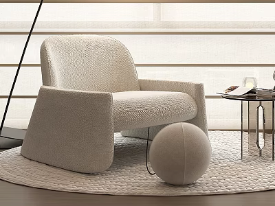 Beige Accent Chair with Round Ottoman on Woven Rug by Window and Metal Side Table 3d model