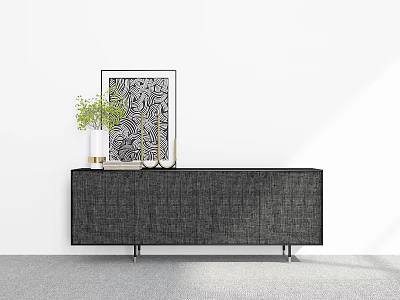 Modern Entryway Console Cabinet With Metal Legs And Decorative Plants Artwork On Top 3d model