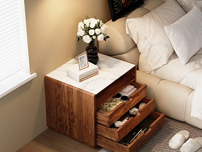 Wooden Nightstand With Marble Top Open Drawers Photo Frame And Vase In Bedroom 3d model