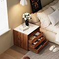 Wooden Nightstand With Marble Top Open Drawers Photo Frame And Vase In Bedroom