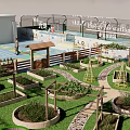 Rooftop Garden with Lush Green Plants Pathways and Basketball Court Area