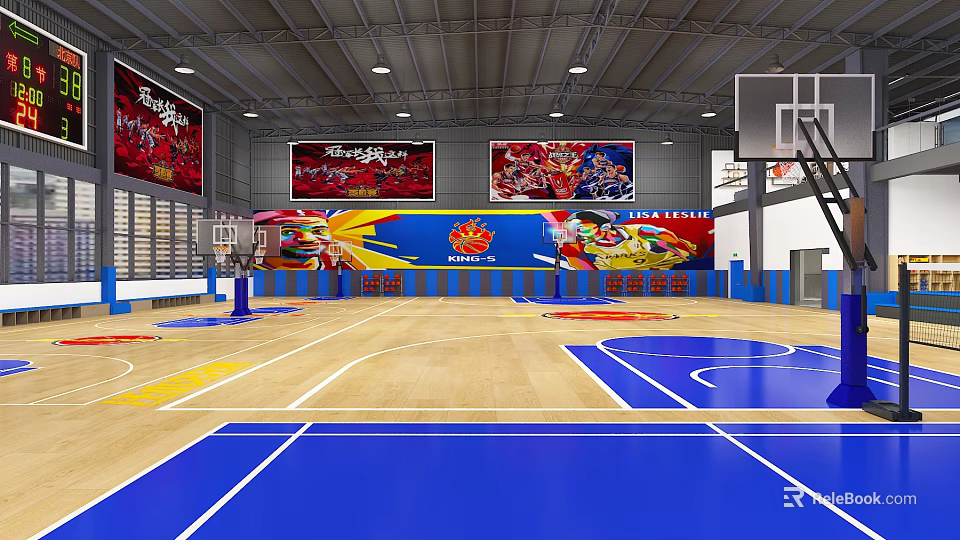 Indoor Basketball Court With Wooden Flooring Blue Markings Basketball Hoops And Firesun Banners 3d model 