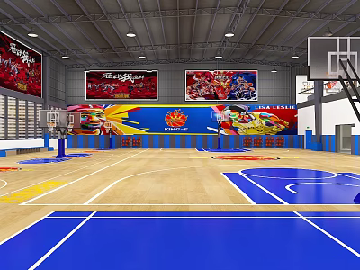 Indoor Basketball Court With Wooden Flooring Blue Markings Basketball Hoops And Firesun Banners 3d model