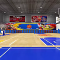 Indoor Basketball Court With Wooden Flooring Blue Markings Basketball Hoops And Firesun Banners