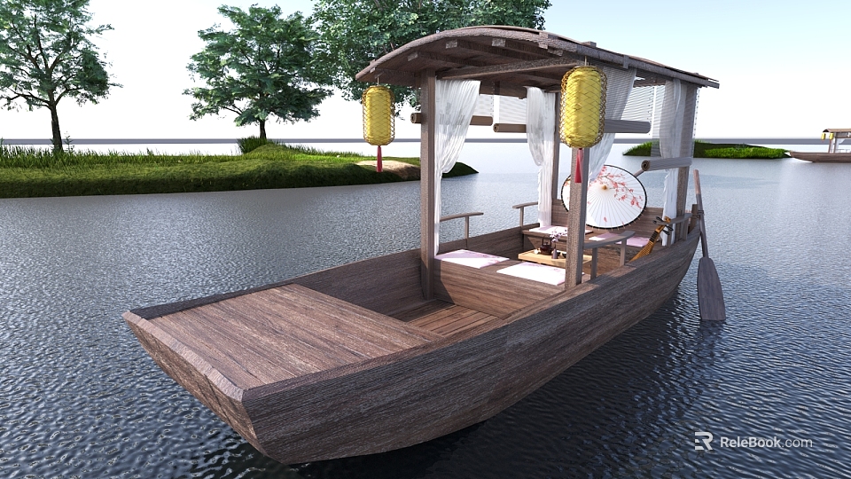 Traditional Wooden Boat With Lanterns And Curtains On River By Trees 3d model 