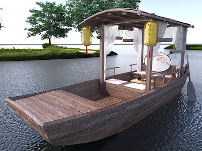 Traditional Wooden Boat With Lanterns And Curtains On River By Trees 3d model