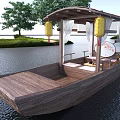 Traditional Wooden Boat With Lanterns And Curtains On River By Trees
