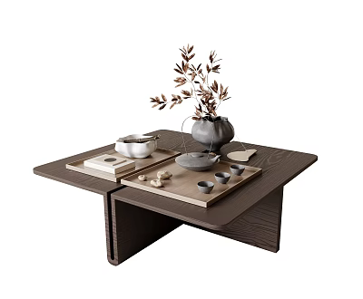 Wooden Coffee Table With Tea Set Tray Vase And Dried Branches Design 3d model