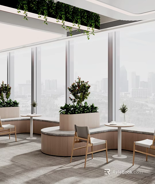 Cozy Lounge Area With Large Windows City View Potted Plants Rounded Seating Tables And Chairs 3d model 