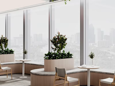 Cozy Lounge Area With Large Windows City View Potted Plants Rounded Seating Tables And Chairs 3d model