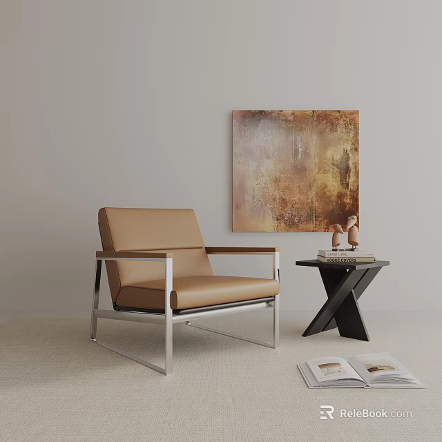 Brown Leather Leisure Chair With Metal Frame Next To Black Side Table And Abstract Painting 3d model 
