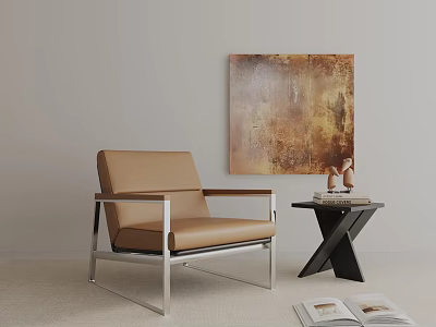 Brown Leather Leisure Chair With Metal Frame Next To Black Side Table And Abstract Painting 3d model