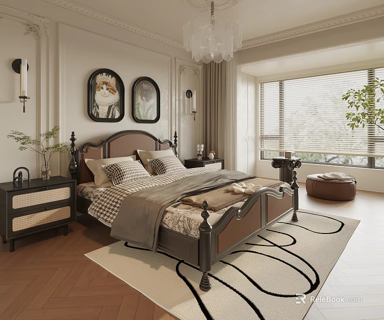 Modern Luxury European Bedroom Interior With Large Bed Nightstand Chandelier Rug Window And Green Plant 3d model 