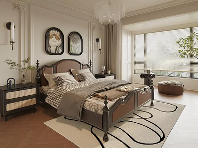 Modern Luxury European Bedroom Interior With Large Bed Nightstand Chandelier Rug Window And Green Plant 3d model