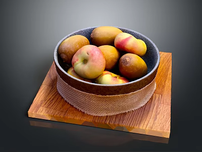 Fresh Yellow And Red Mixed Fruits In Black Bowl On Wooden Cutting Board 3d model