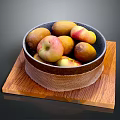 Fresh Yellow And Red Mixed Fruits In Black Bowl On Wooden Cutting Board