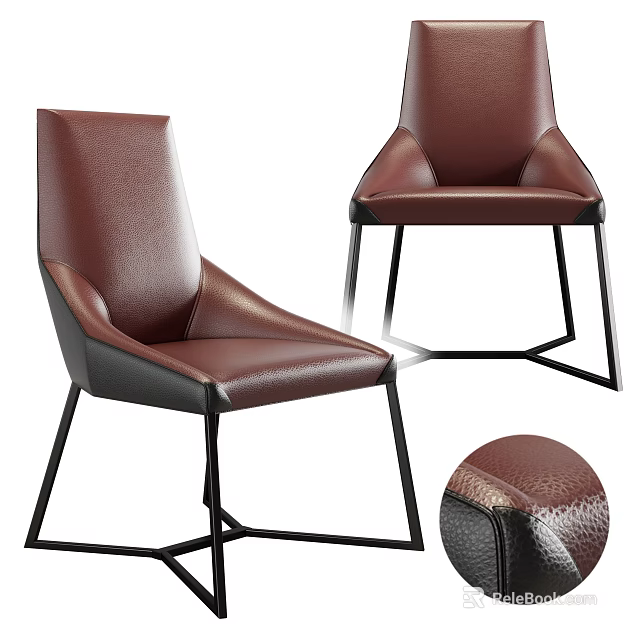 Modern Brown Leather Dining Chair With Black Metal Frame And Textured Upholstery 3d model 