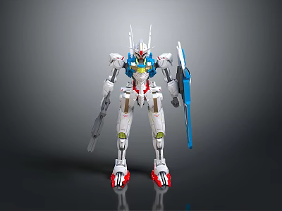 Intelligent Robot With White Blue Red Color Scheme And Mechanical Armor Holding Weapons 3d model