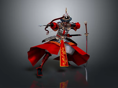 Man in Ancient Armor Wearing Red Robe With Golden Decorations Holding Bow and Sword 3d model