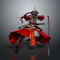 Man in Ancient Armor Wearing Red Robe With Golden Decorations Holding Bow and Sword