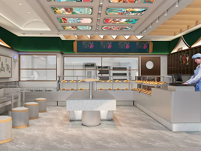 Dessert Shop Interior with Displayed Desserts Counter and Round Stools Colorful Ceiling Decor 3d model
