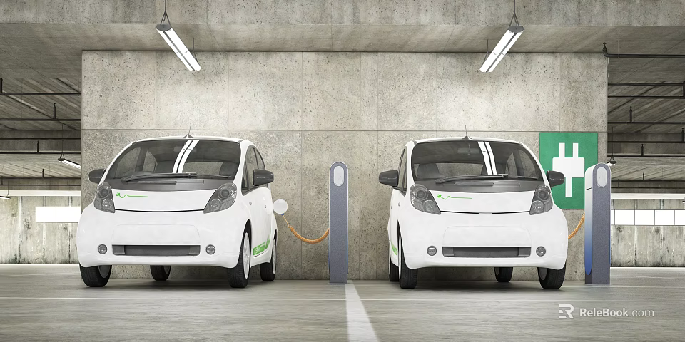 Parking Lot Featuring Two White Electric Vehicles and Central Charging Station 3d model 
