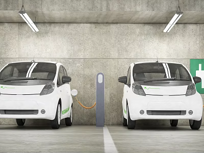 Parking Lot Featuring Two White Electric Vehicles and Central Charging Station 3d model