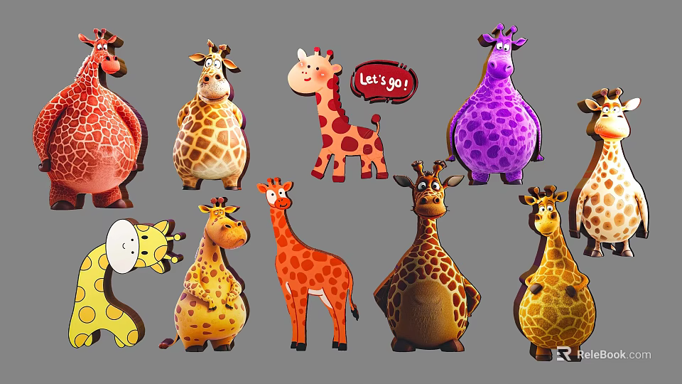 Colorful Giraffe Stuffed Toys With Various Designs And Let's Go Sign 3d model 