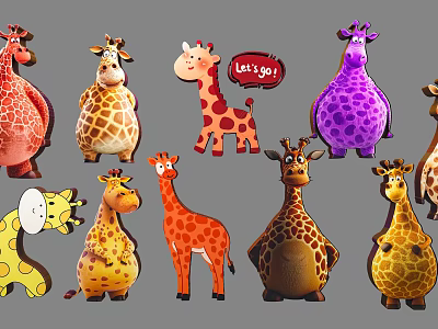 Colorful Giraffe Stuffed Toys With Various Designs And Let's Go Sign 3d model