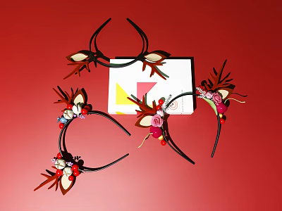 Decorative Headbands With Deer Antlers Flowers And Beads On Red Background 3d model