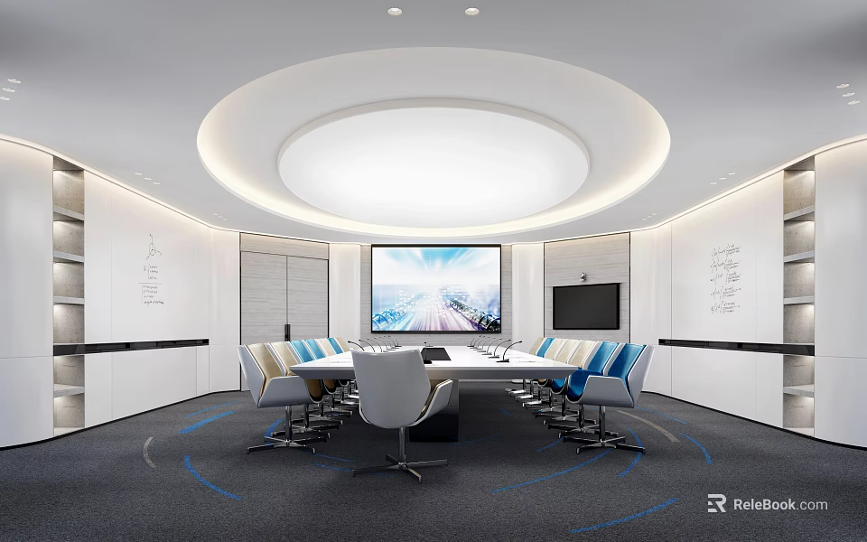 Modern Conference Room Interior With Circular Table White Blue Chairs Large Screen And Ceiling Light 3d model