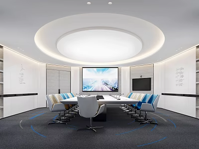 Modern Conference Room Interior With Circular Table White Blue Chairs Large Screen And Ceiling Light 3d model