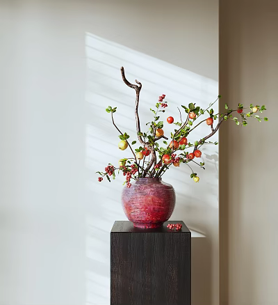 Red Vase with Branches Berries Leaves and Fruits on Dark Wooden Cube Light Background 3d model