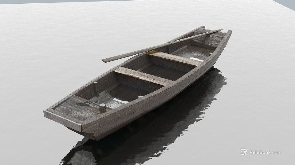 Vintage Wooden Boat Floating On Calm Water With Wooden Oars And Reflection 3d model 