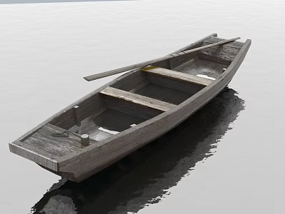 Vintage Wooden Boat Floating On Calm Water With Wooden Oars And Reflection 3d model