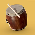 Brown Wooden Musical Instrument Drum with Decorative Metal Parts and Drumstick on Yellow Background