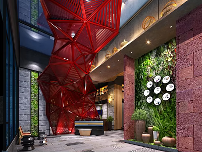 Modern Hotel Lobby Interior With Red Geometric Art Installation Vertical Garden And Clock Decorations 3d model