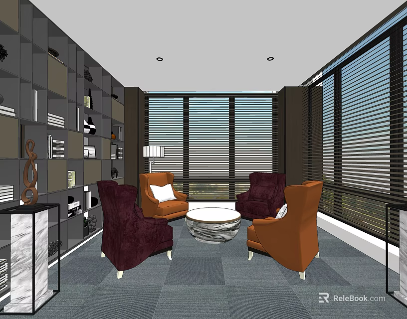 Modern Break Room Interior With Comfortable Chairs Large Windows And Bookshelves 3d model 
