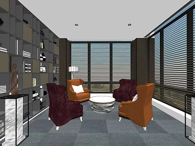 Modern Break Room Interior With Comfortable Chairs Large Windows And Bookshelves 3d model
