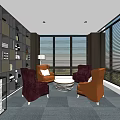 Modern Break Room Interior With Comfortable Chairs Large Windows And Bookshelves