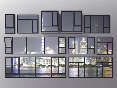 Black Window Frames In Various Shapes With City Night View And Skyscrapers 3d model