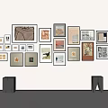 Stylish Photo Wall With Various Frames Different Sizes Artworks And Gray Bases On White Wall