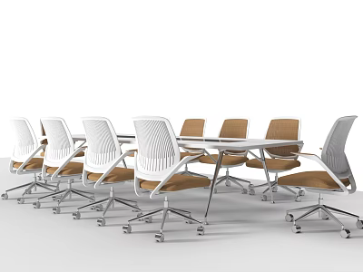 Modern Meeting Room Conference Table With Wooden Top White Frame And Wheeled Chairs 3d model