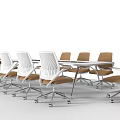 Modern Meeting Room Conference Table With Wooden Top White Frame And Wheeled Chairs