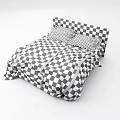 Modern Double Bed With Striped Gray Duvet Gray Pillows And White Headboard