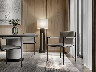 Modern Style Dining Table Set with Chairs Floor Lamp Artwork and Wooden Wall Curtains 3d model