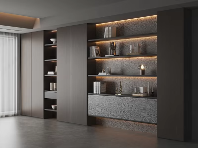 Modern Bookcase Design With Layered Shelves Gray Textured Panels LED Lighting And Decorative Items 3d model