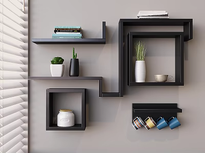 Black Geometric Wall Shelves With Books Potted Plant Vase Jar And Mugs 3d model