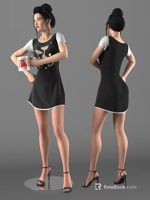 Woman in black dress with white cuffs and hem holding red cup with star design 3d model 